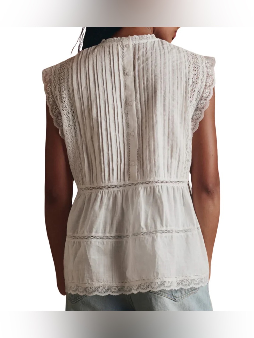 new The Great Sonnet lace inset cotton voile sleeveless blouse in true white - Picture 3 of 9